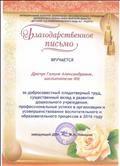 БЛАГОДАРСТВЕННОЕ ПИСЬМО за добросовестный плодотворный труд, профессиональные успехи в организации воспитательного и образовательного процессов в 2016году